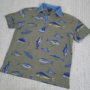Land's End Vintage Fish Print Polo Shirt Denim Collar, XLarge